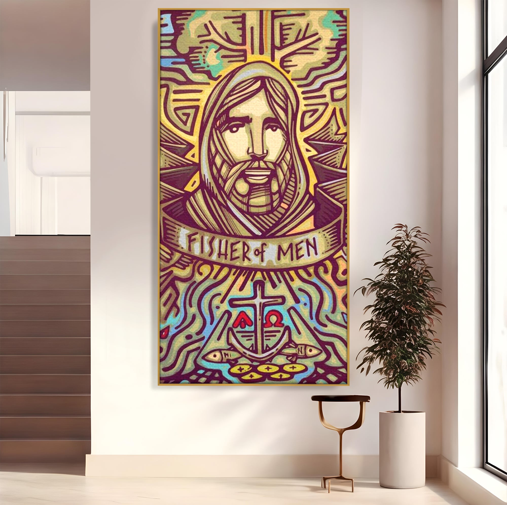 Tablou canvas cu tablou canvas cu portretul lui iisus, in rama de aluminiu auriu
